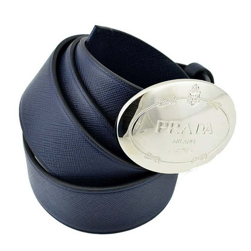 Prada Prada Mens Navy Saffiano Leather Belt  Silver Oval Buckle Belt Size 90/36 Blue Never worn, with tag - Box View