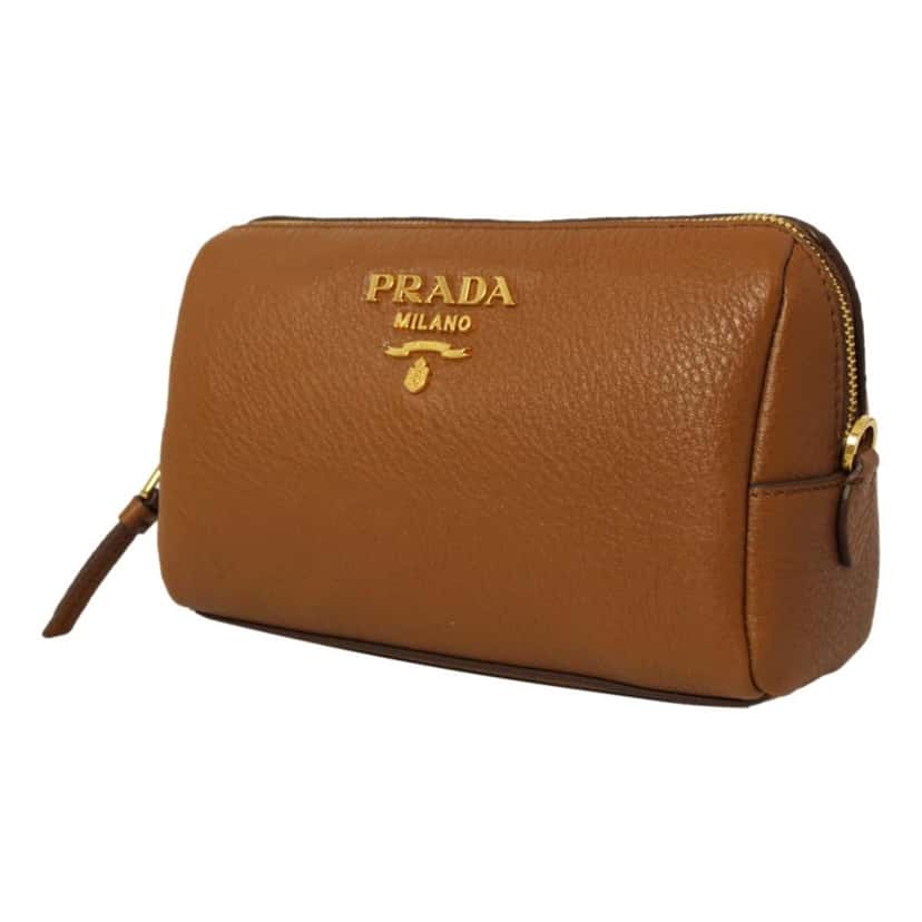 Prada Prada Vitello Daino Cannella Brown Leather Cosmetic Pouch Clutch Bag Brown Leather Never worn, with tag - Back View