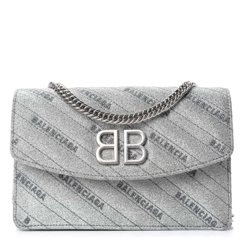 Balenciaga Balenciaga BB Silver Glittered Leather Wallet on Chain Bag Silver Leather Never worn, with tag - Front View