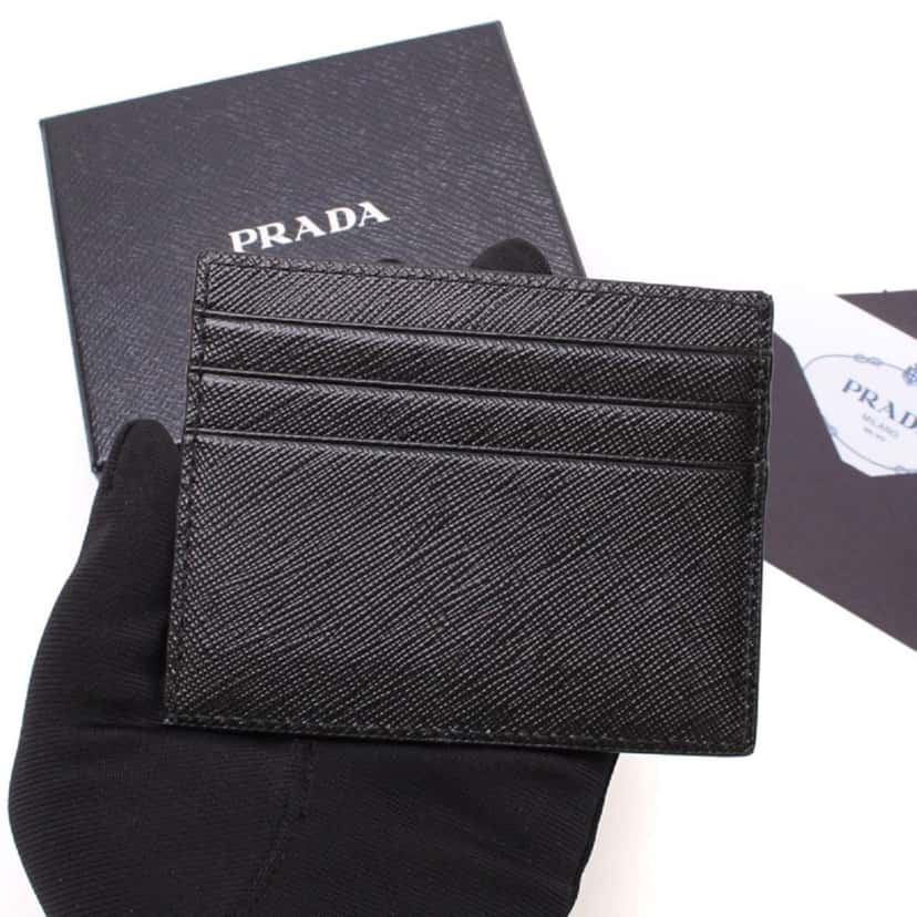 Prada Prada Saffiano Nero Black - Gray Card Holder Silver Logo Black Leather Never worn, with tag - Front View