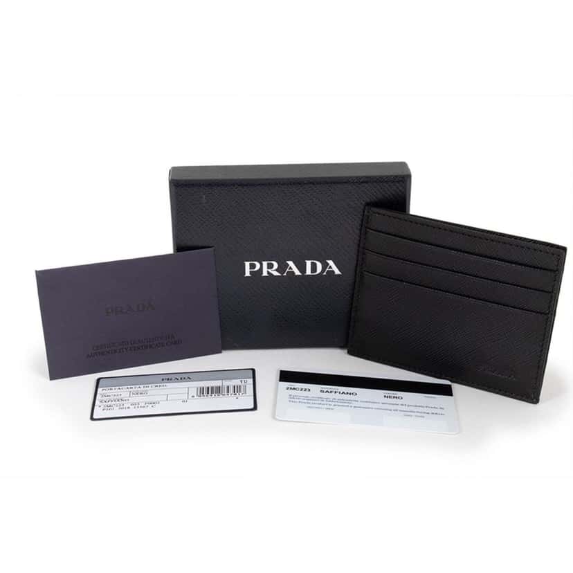 Prada Prada Saffiano Nero Black - Gray Card Holder Silver Logo Black Leather Never worn, with tag - Back View