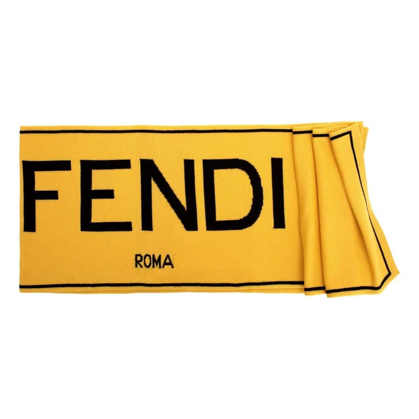 Fendi Fendi Roma Knitted Wool & Cashmere Yellow Black Logo Scarf Yellow Never worn, with tag - Front View