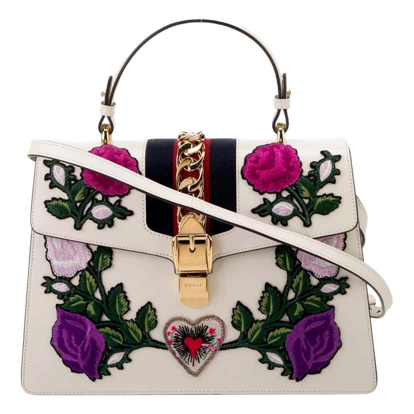 Gucci Gucci Sylvie Embroidered Off White Medium Top Handle Bag White Leather Good condition - Front View