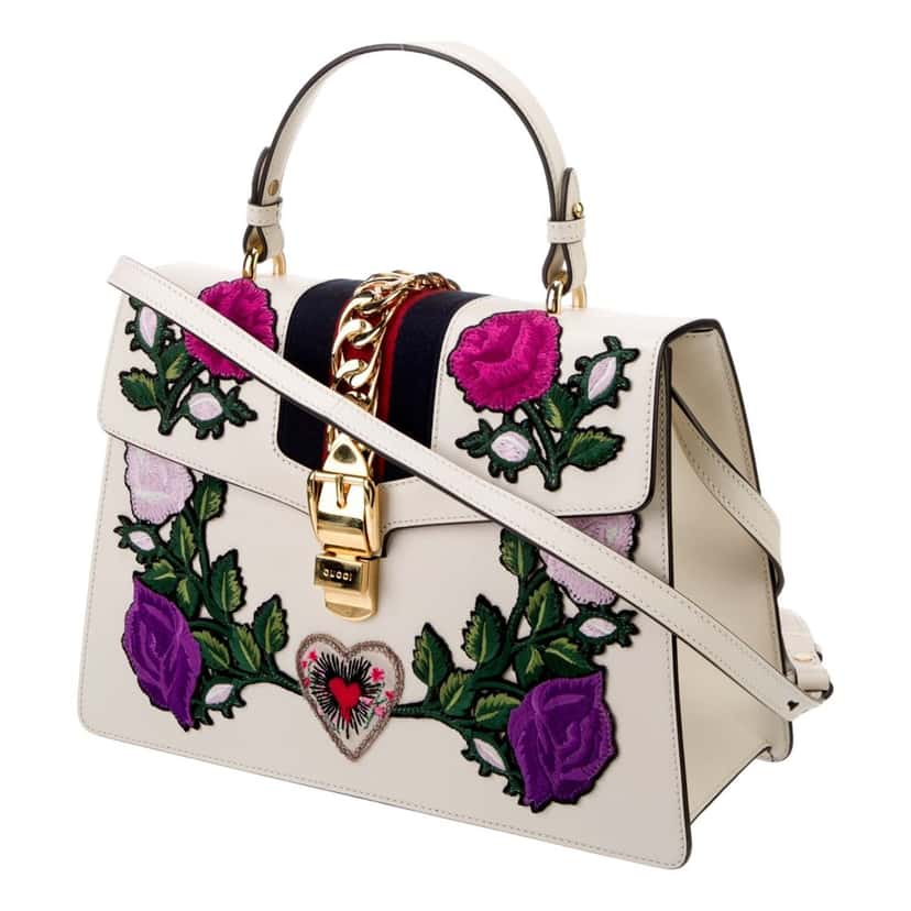 Gucci Gucci Sylvie Embroidered Off White Medium Top Handle Bag White Leather Good condition - Back View