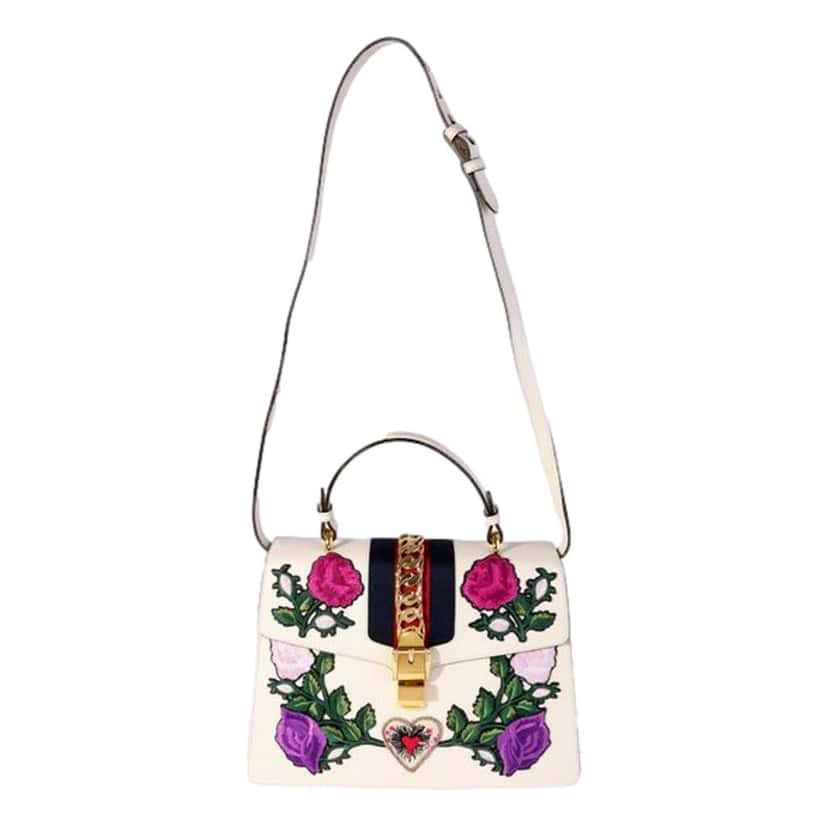 Gucci Gucci Sylvie Embroidered Off White Medium Top Handle Bag White Leather Good condition - Model View