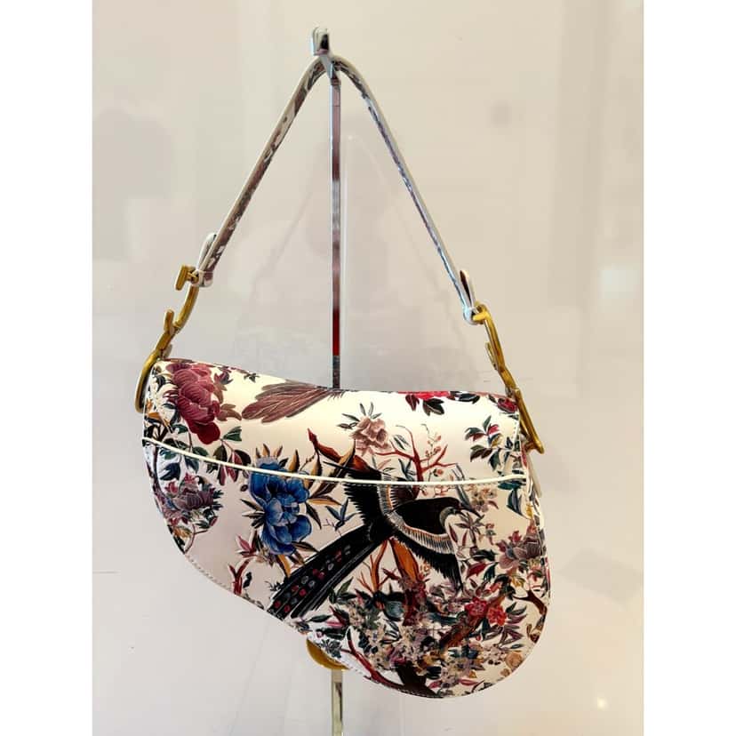 Dior Dior Rare Floral and Bird Print Leather Saddle Bag Gold Detailing Beige Leather Very good condition - Box View