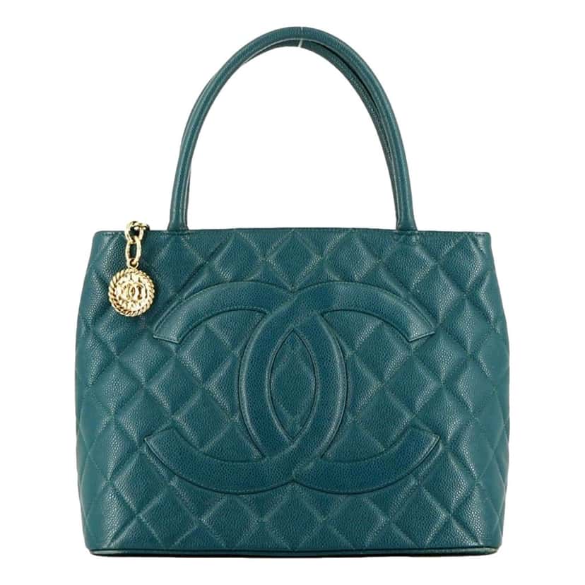Chanel Chanel Caviar Leather CC Medallion Tote Bag Teal Blue Blue Leather Very good condition - Front View