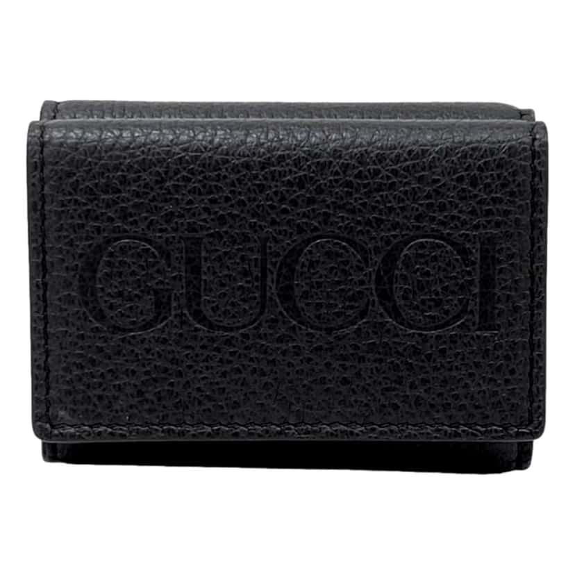 Gucci Gucci Embossed Logo Mini Tri-Fold Wallet Black Pebbled Leather Black Leather Never worn, with tag - Front View