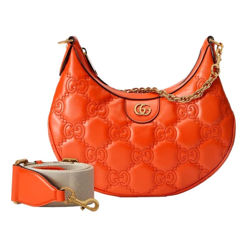 Gucci Gucci GG Quilted Matelass√© Leather Small Shoulder Handbag In Orange Orange Leather Never worn, with tag - Model View