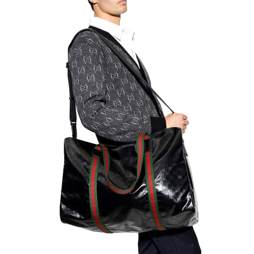 Gucci Gucci GG Black Glossy ¬ëDuffle Maxi¬í Calfskin Leather Trim Duffel Bag Black Canvas Never worn, with tag - Box View