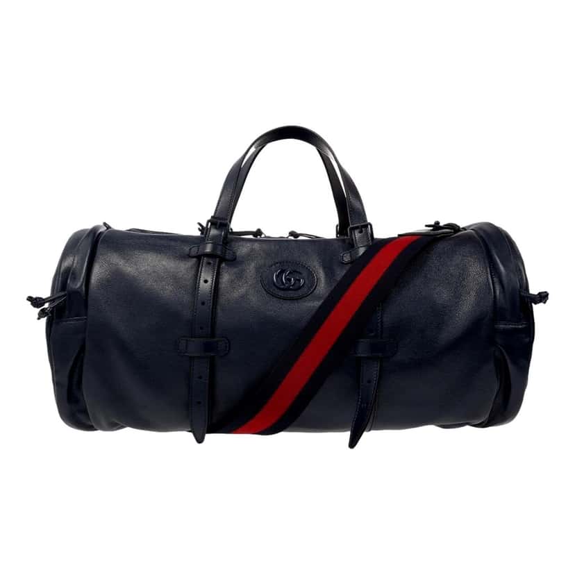 Gucci Gucci GG Logo Deep Blue Buffalo Leather Duffle Tote with Strap Blue Leather Never worn - Front View