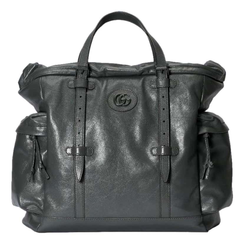 Gucci Gucci Gray Leather Drawstring Tote Bag With Tonal Double G Logo Other Leather Never worn - Back View