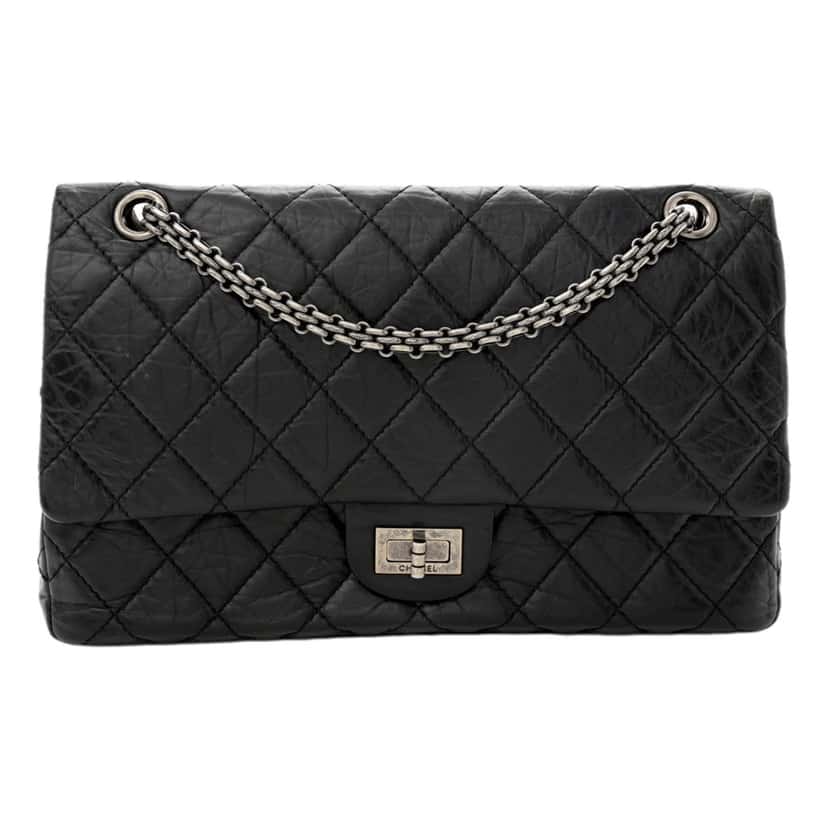 Chanel Chanel Black Aged Calfskin Quilted 2.55 Reissue 225 Flap Handbag With Chain Black Leather Very good condition - Front View