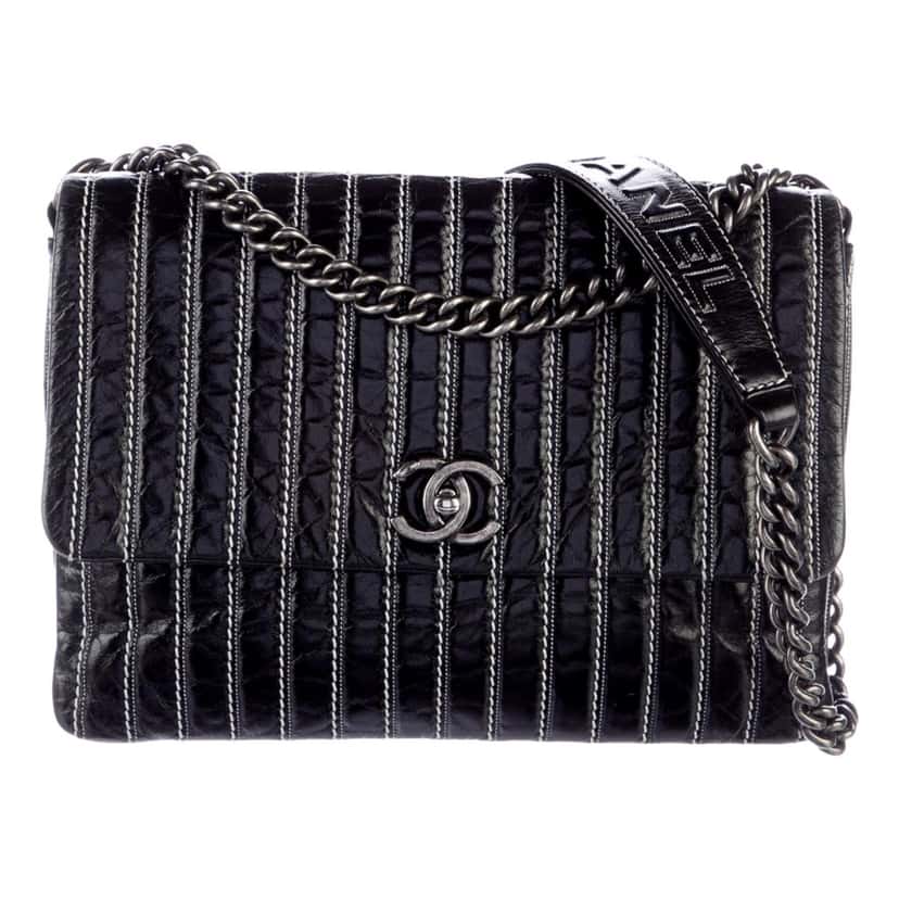 Chanel Chanel White Vertical Stitch Black Flap Bag Black Leather Good condition - Back View