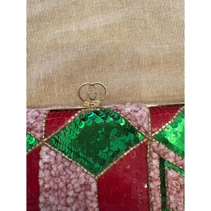 Gucci Gucci Broadway Embellished Sequins and Crystals Red Green Pink Chain Shoulder Bag Clutch Red Never worn, with tag - Model View