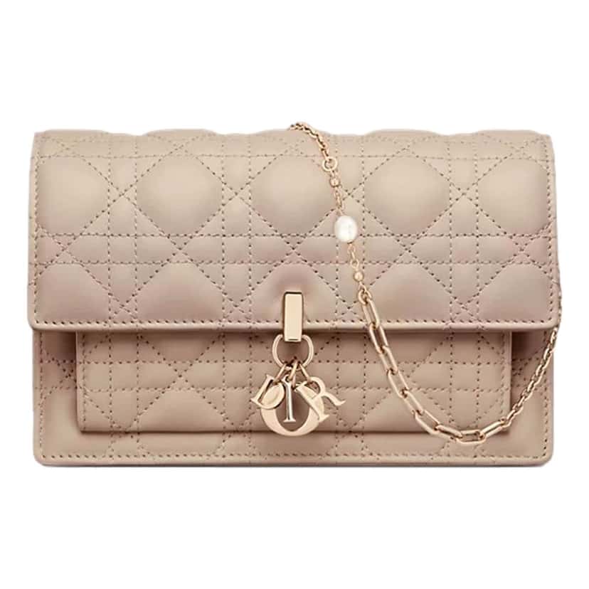 Dior My Dior Daily Pouch with Chain Powder Beige Cannage Lambskin Beige Leather Very good condition - Front View
