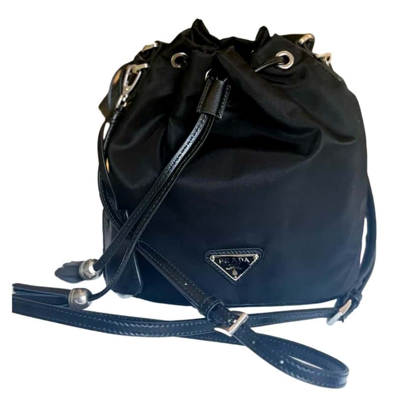 Prada Prada Re-Nylon Black Tassel Drawstring Bucket Bag Black Never worn, with tag - Front View