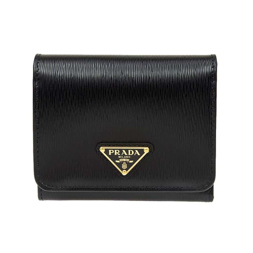 Prada Prada Vitello Move Trifold Compact Wallet Black Leather Triangle Plaque Black Leather Never worn, with tag - Front View