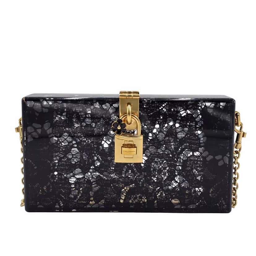 Dolce & Gabbana Black Lace Dolce Clutch Black Leather Very good condition - Front View