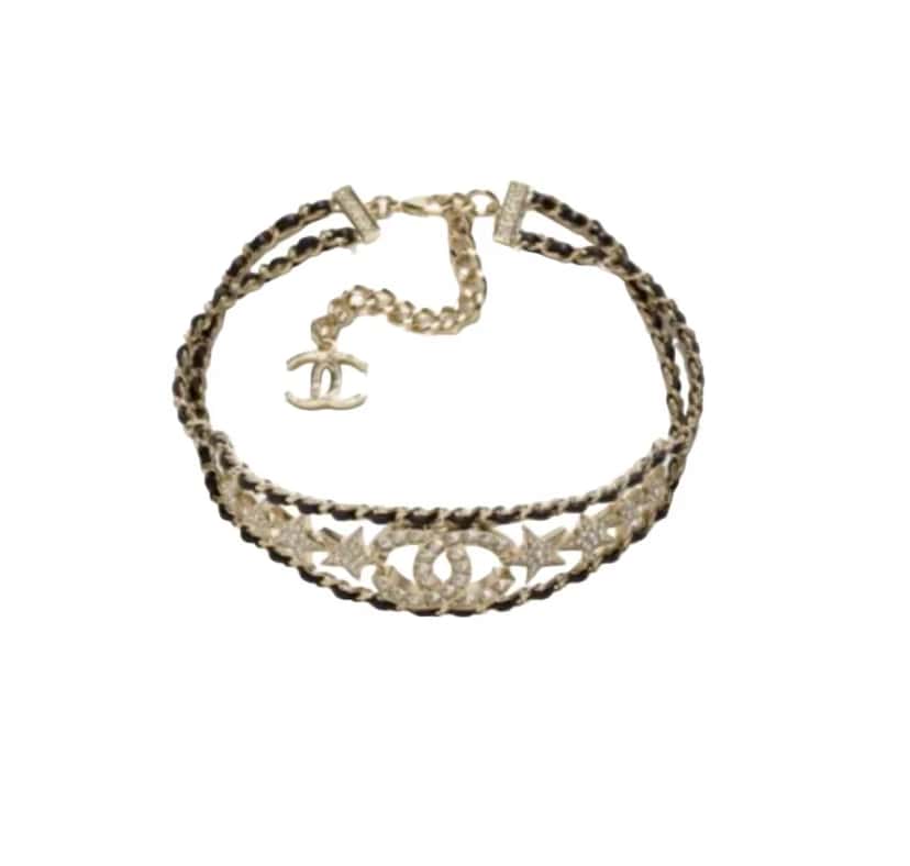Chanel Leather & Strass Choker Gold Leather Very good condition - Front View