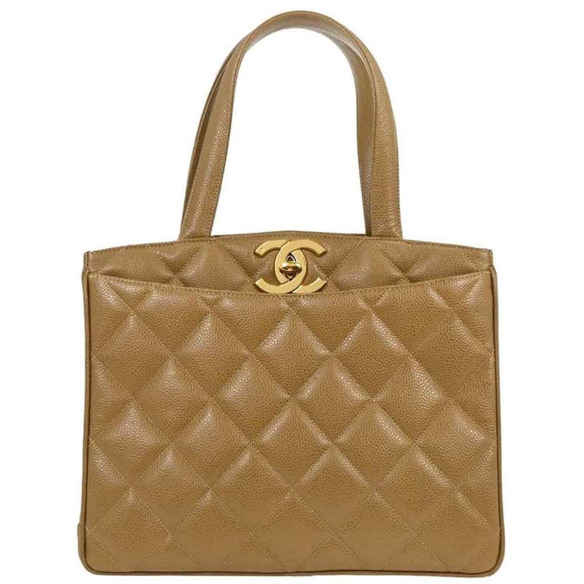 Chanel Vintage CC Lock Pocket Tote Beige Leather Good condition - Front View