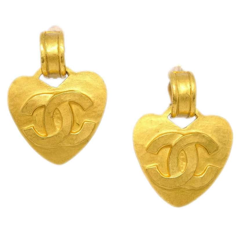 Chanel Vintage CC Heart Clip-On Earrings Gold Good condition - Front View