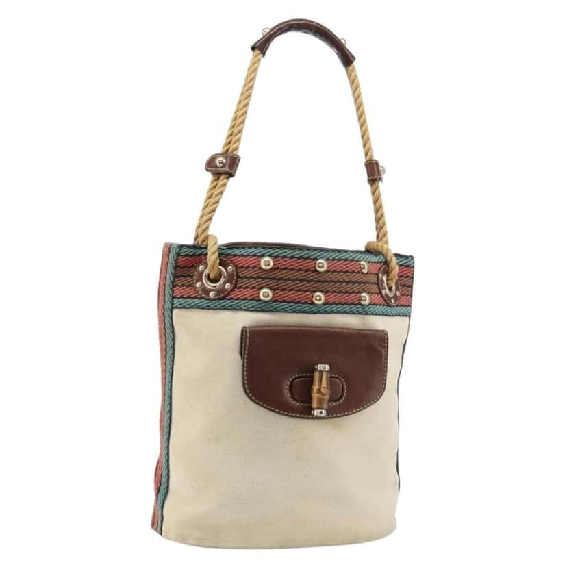 Gucci Vintage Bamboo Shoulder Bag Beige Canvas Good condition - Front View
