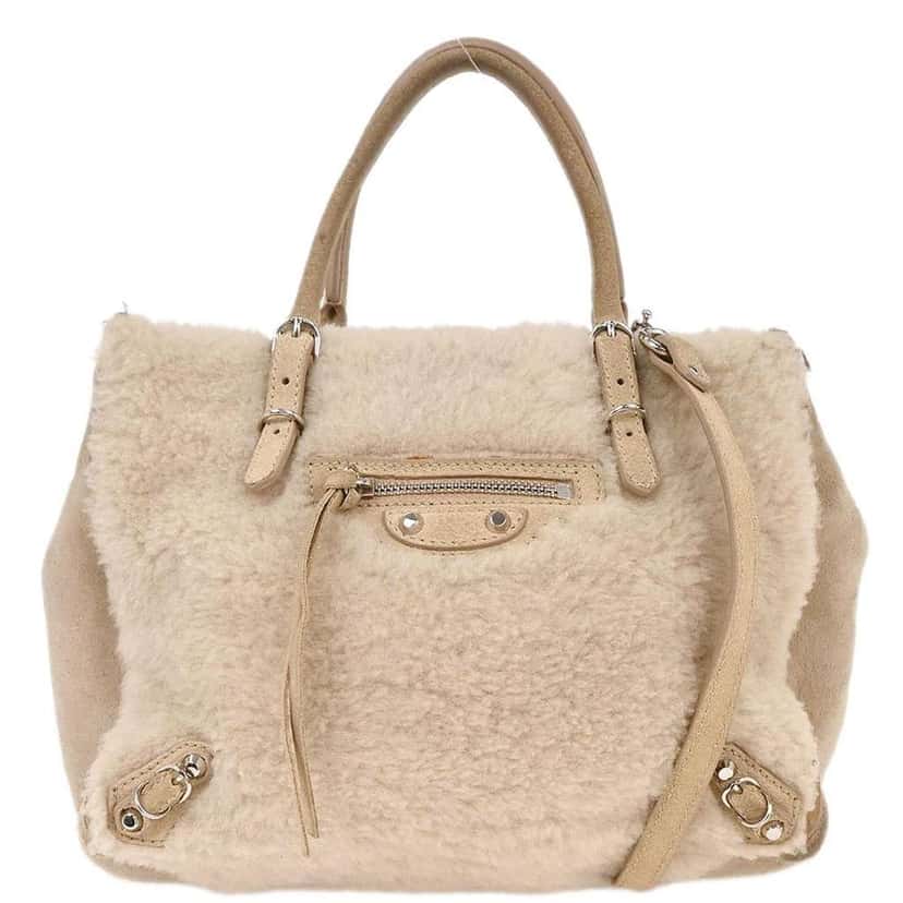 Balenciaga Papier B4 Zip Around Classic Studs Bag Beige Fur Good condition - Front View