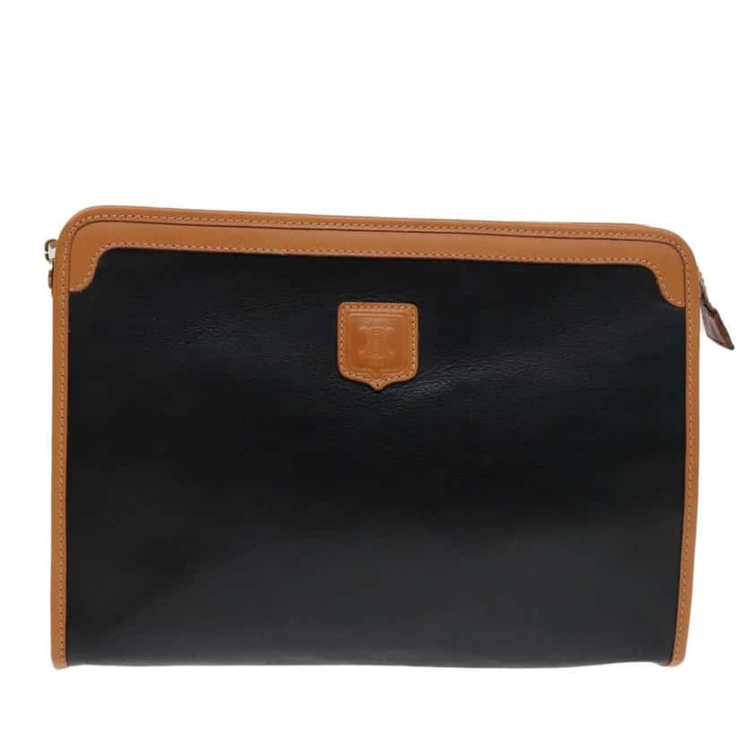 Celine Logo Triomphe Pouch Black Leather Good condition - Front View