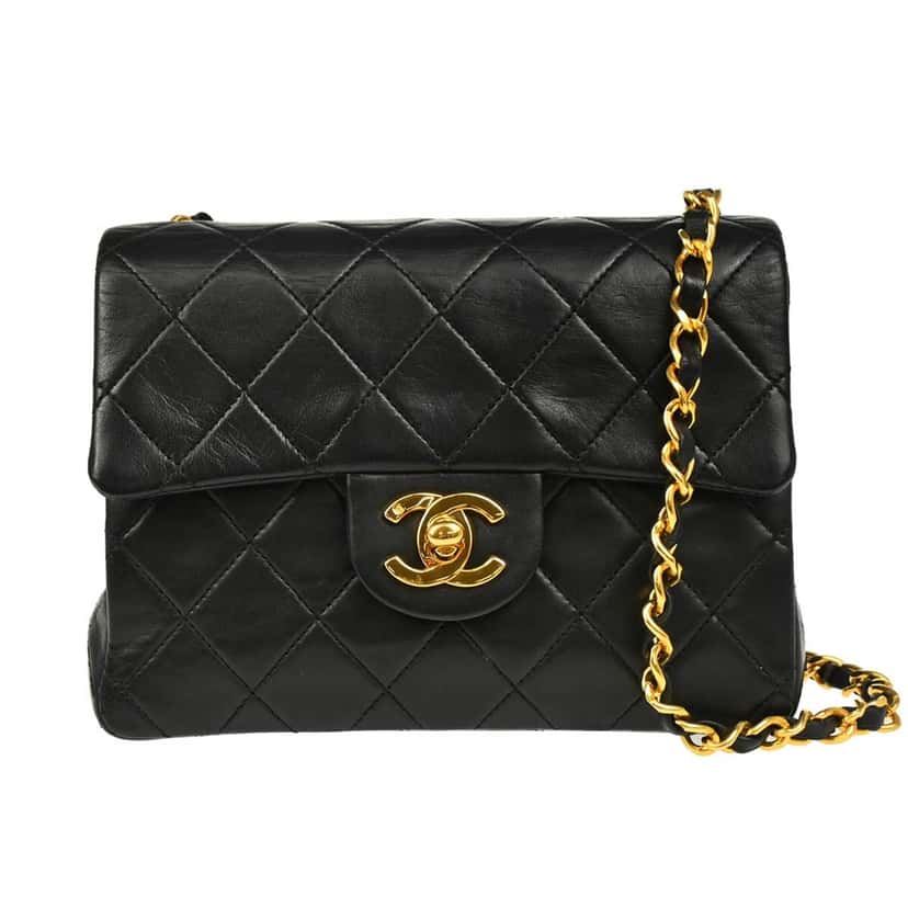 Chanel Vintage Square Classic Single Flap Bag Black Leather Good condition - Front View