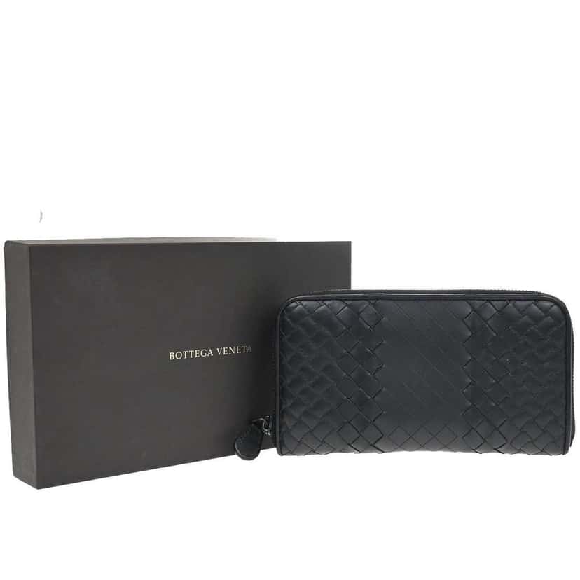 Bottega Veneta Intrecciato Long Zip  Wallet Black Leather Good condition - Front View