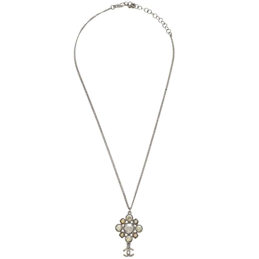 Chanel CC Cluster Drop Pendant Necklace Silver Metal Good condition - Front View