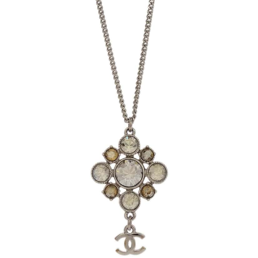 Chanel CC Cluster Drop Pendant Necklace Silver Metal Good condition - Back View