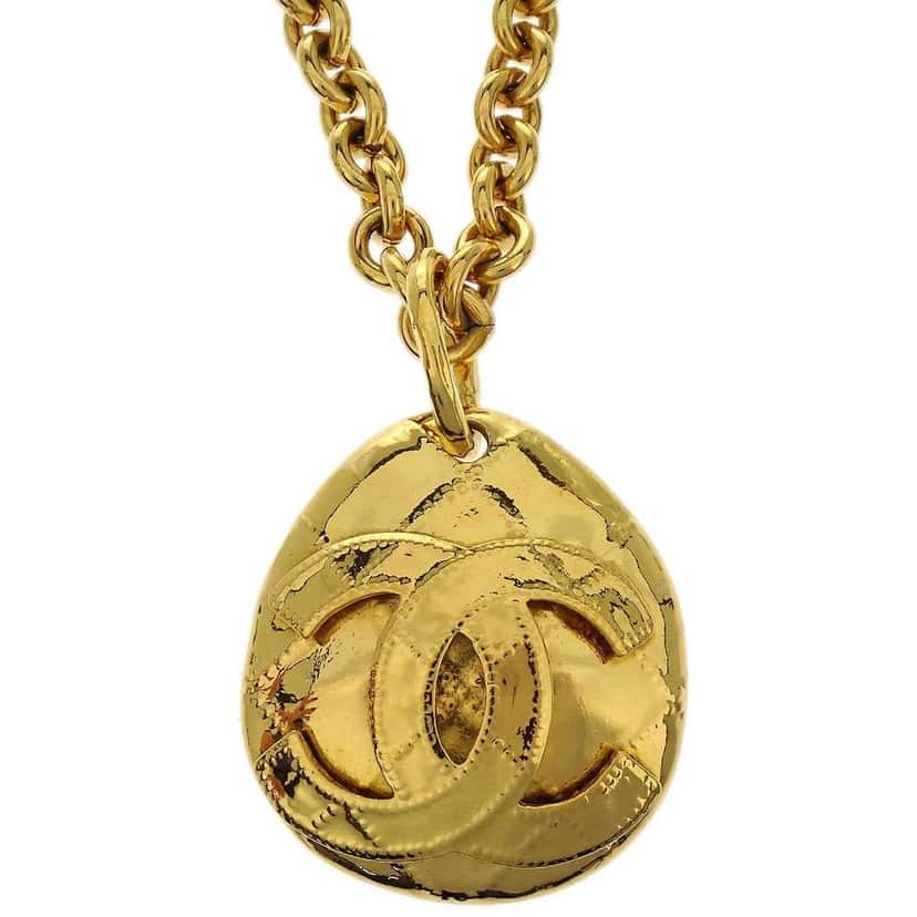 Chanel Vintage CC Quilted Teardrop Pendant Necklace Gold Good condition - Back View
