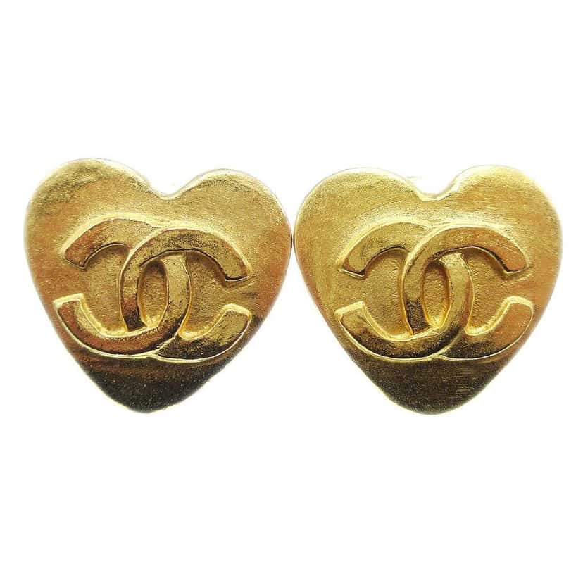 Chanel Vintage CC Heart Clip-On Earrings Gold Good condition - Front View