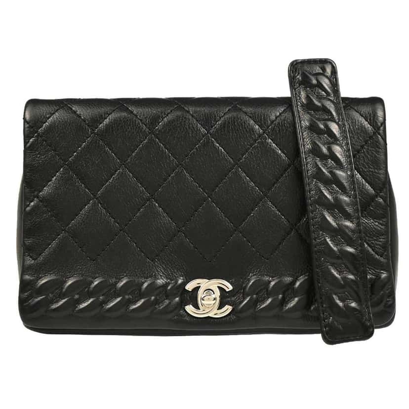 Chanel Embossed Braid CC Chain Flap Black Leather Good condition - Front View