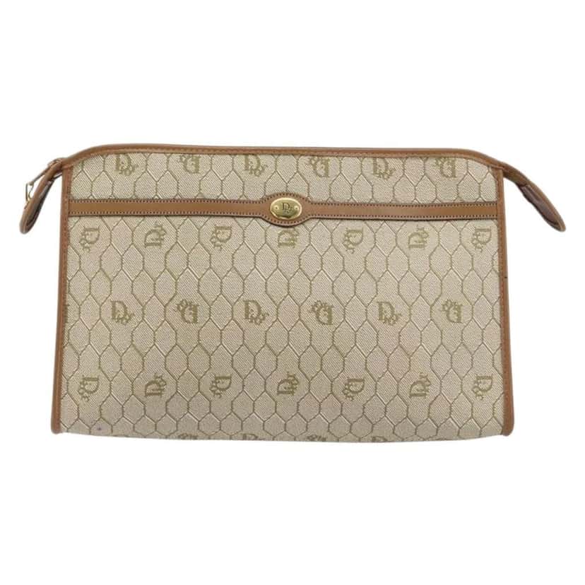 Christian Dior Vintage Honeycomb Zip Pouch Beige Canvas Good condition - Front View