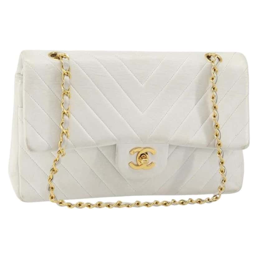 Chanel Vintage Classic Double Flap Bag White Leather Fair condition - Front View