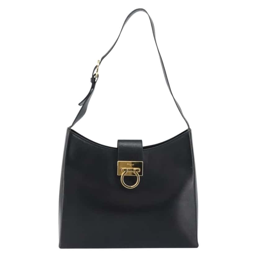 Salvatore Ferragamo Gancio Flap Hobo Black Leather Good condition - Front View