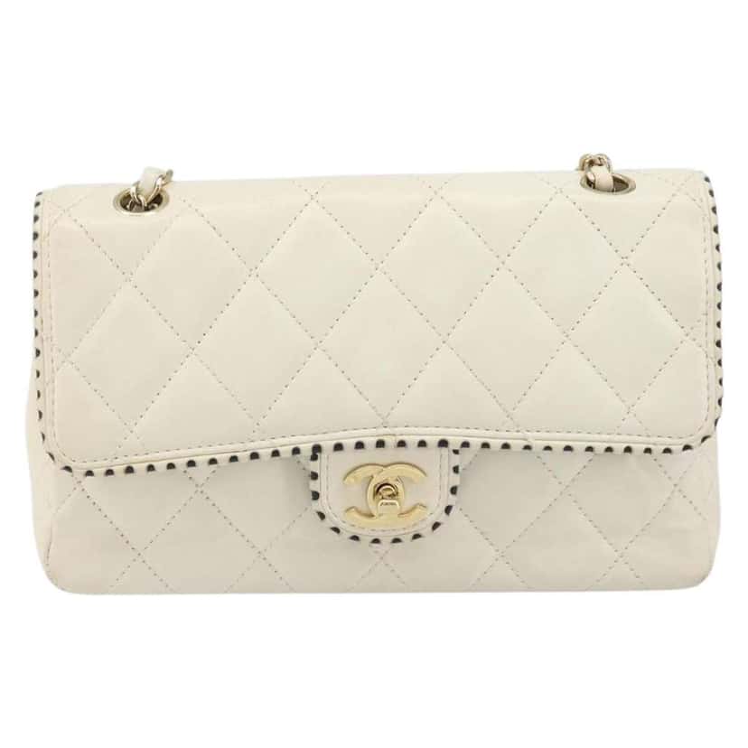 Chanel Vintage Punched Edge Classic Single Flap Bag White Leather Good condition - Front View
