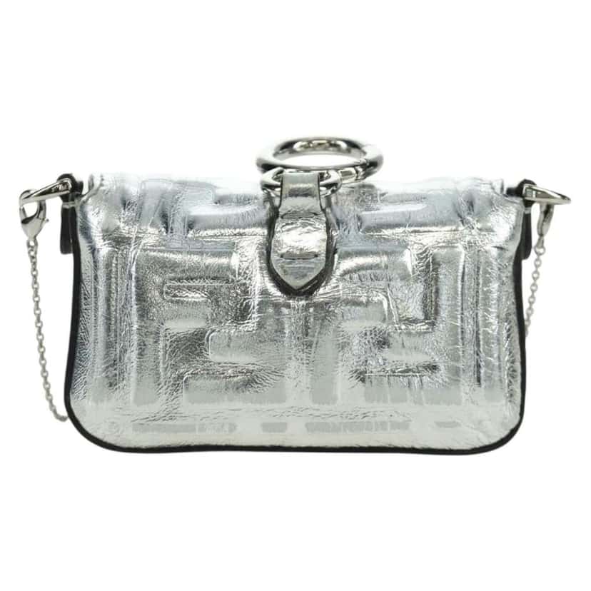 Fendi Chain Baguette Charm Bag Silver Canvas Good condition - Back View