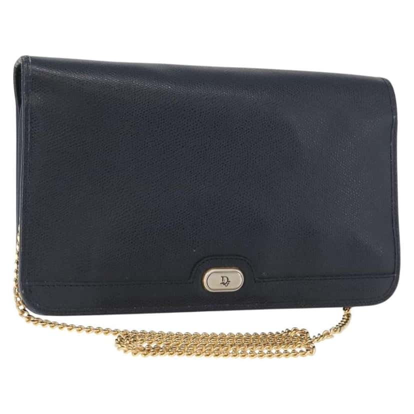 Christian Dior Vintage Chain Flap Shoulder Bag Navy Leather Good condition - Front View