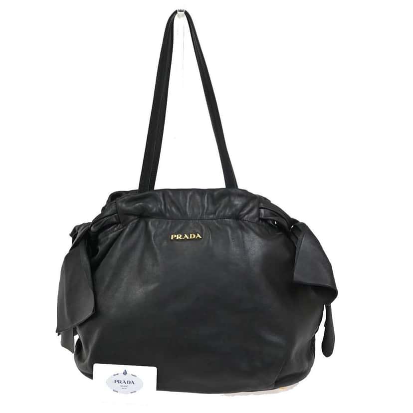 Prada Bow Tie Pleated Tote Black Leather Good condition - Front View