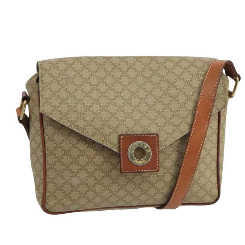 Celine Vintage Macadam Circle Logo Shoulder Bag Beige Canvas Good condition - Front View