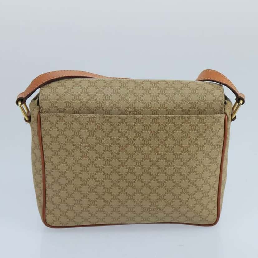 Celine Vintage Macadam Circle Logo Shoulder Bag Beige Canvas Good condition - Back View