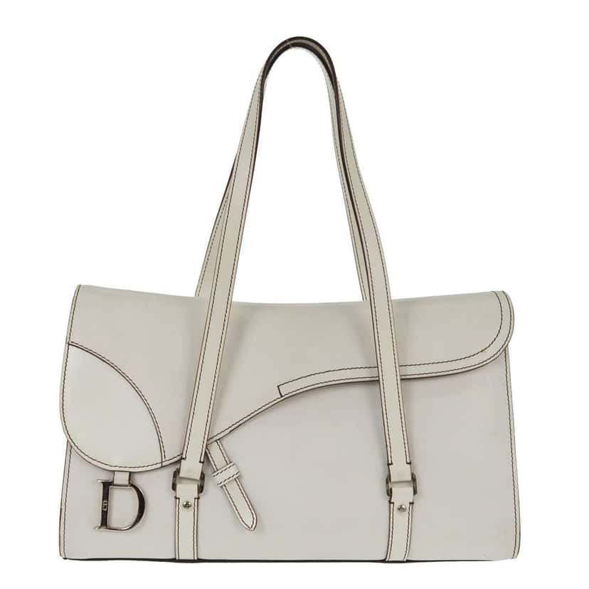 Christian Dior Vintage Saddle Top Handle Bag White Leather Good condition - Front View