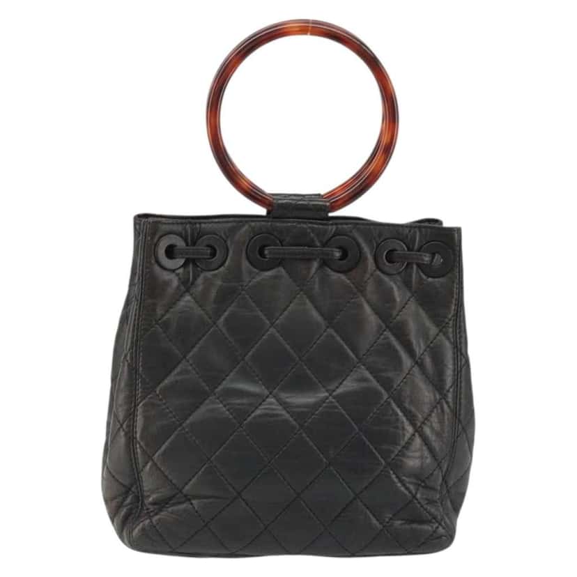 Chanel Vintage Resin Handle Drawstring Bucket Bag Black Leather Fair condition - Back View
