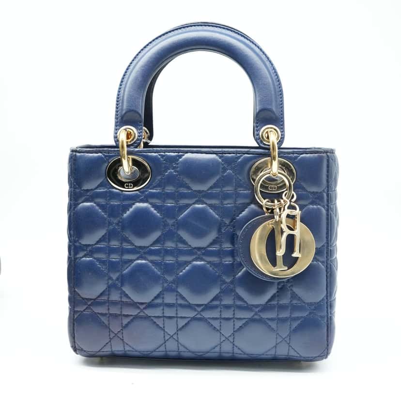 Christian Dior Navy Blue Color Small Lady Dior Lambskin Leather Satchel Bag Blue Good condition - Front View