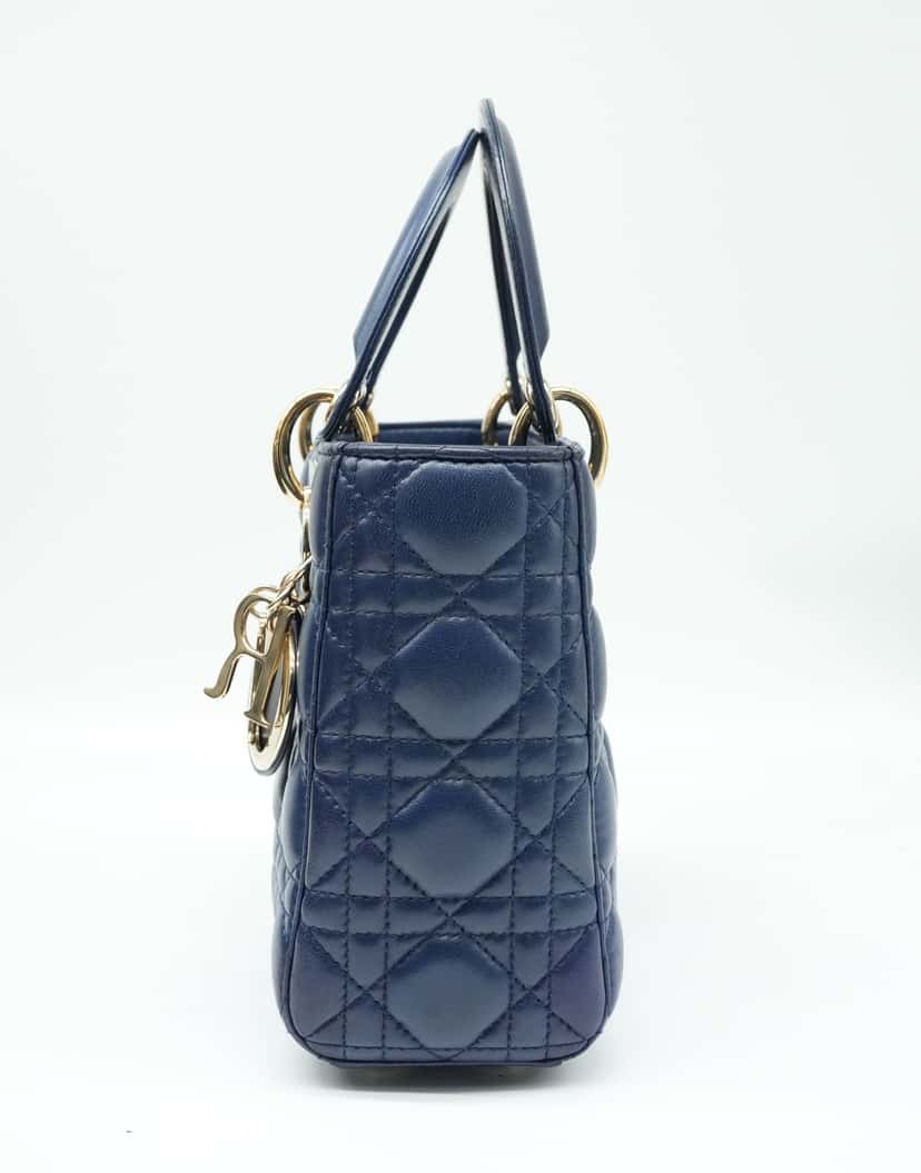 Christian Dior Navy Blue Color Small Lady Dior Lambskin Leather Satchel Bag Blue Good condition - Back View