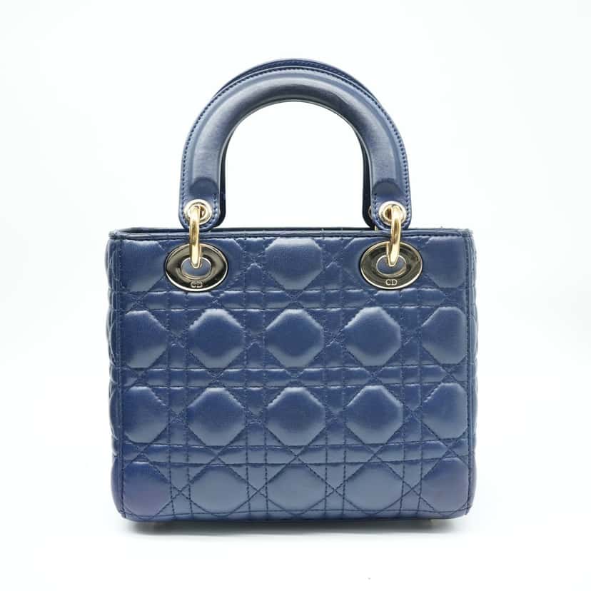 Christian Dior Navy Blue Color Small Lady Dior Lambskin Leather Satchel Bag Blue Good condition - Inside View